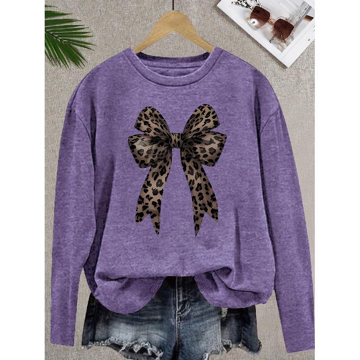 Leopard Bowknot Print Round Neck Long Sleeve Women Four Seasons Casual Elegant Fashion T Shirt S фиолетовый