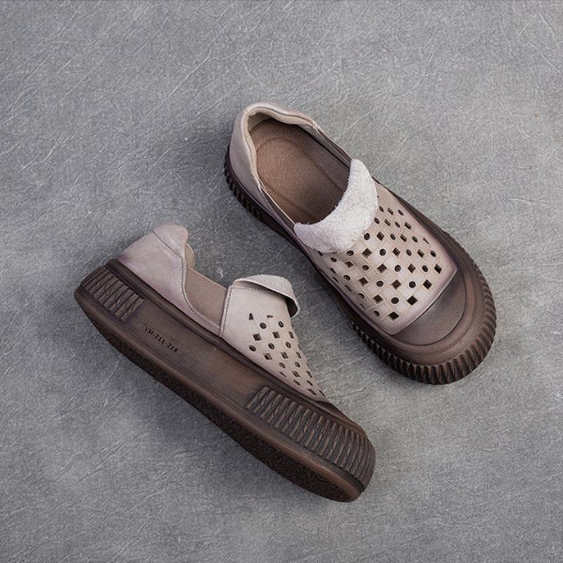 Johnature Simple Breathable Hollow-out Shoes Retro Genuine Leather Thick Sole Women's Flat Platform Shoes