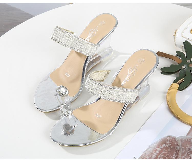 2023 Pearl Slope Heel New Sexy Crystal Transparent High Heels Glass Rhinestone Slope Heel Sandals Female LFD
