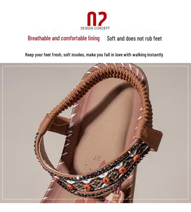Boho Etniczne Damskie Sandały z Koralikami - Letnia Moda Płaskie Klapki