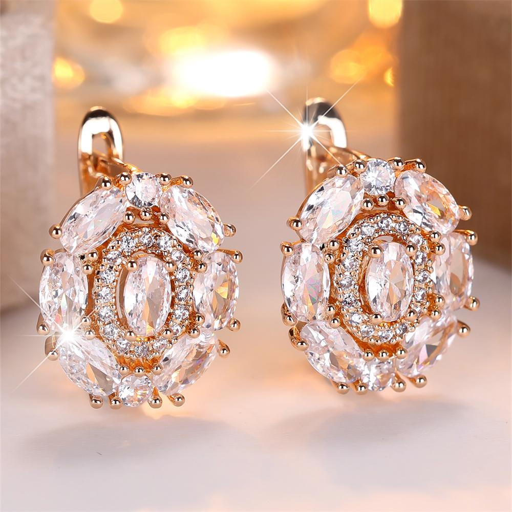 Luxury Crystal Oval Stone White Zircon Hoop Earrings For Women Vintage Gold Color Ear Buckle Wedding Jewelry Versatile Gifts