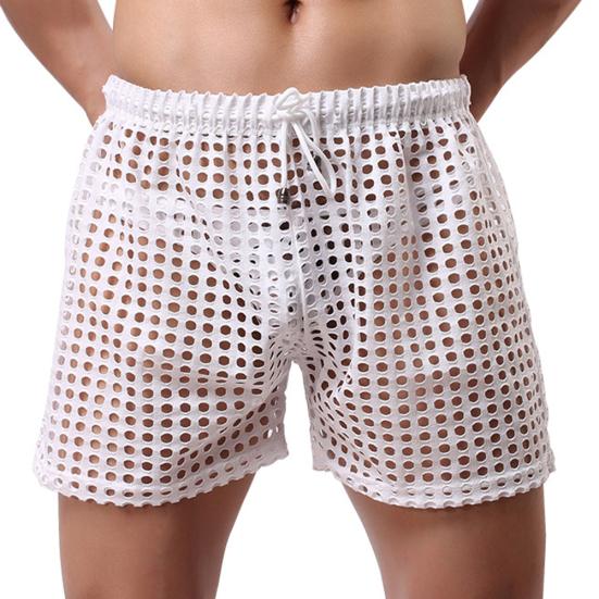 Erotic Men Solid Color Mesh See Through Hollow out Drawstring Shorts Beach Pants