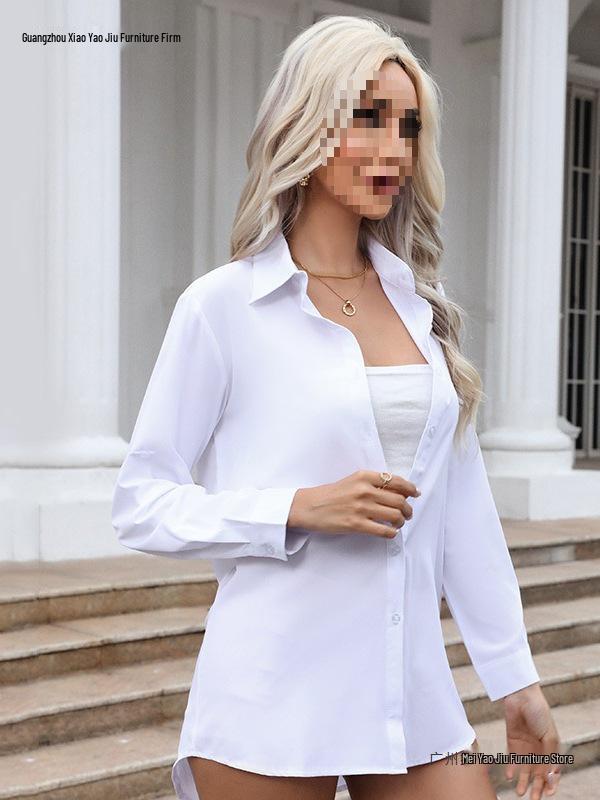 Women's White Chiffon BF Style Loose Mid-Length Long Sleeve Shirt