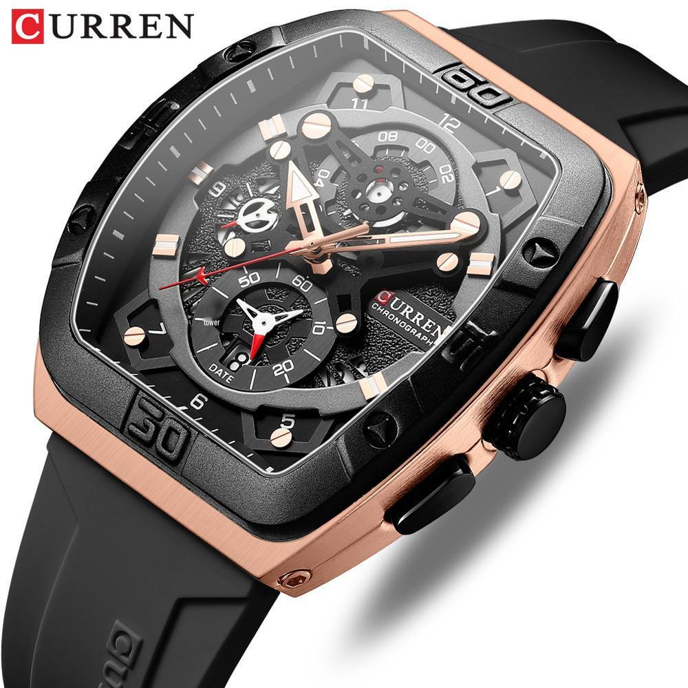 CURREN 8443 Wasserdichte Herren-Quarz-Multifunktionsuhr mit Sechs-Zeiger-Design und Tonnenform
