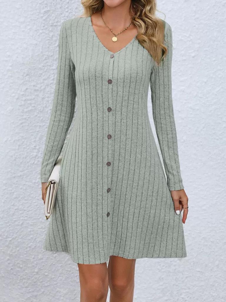 V Neck Fashionable Button Down High Waisted Color Dress