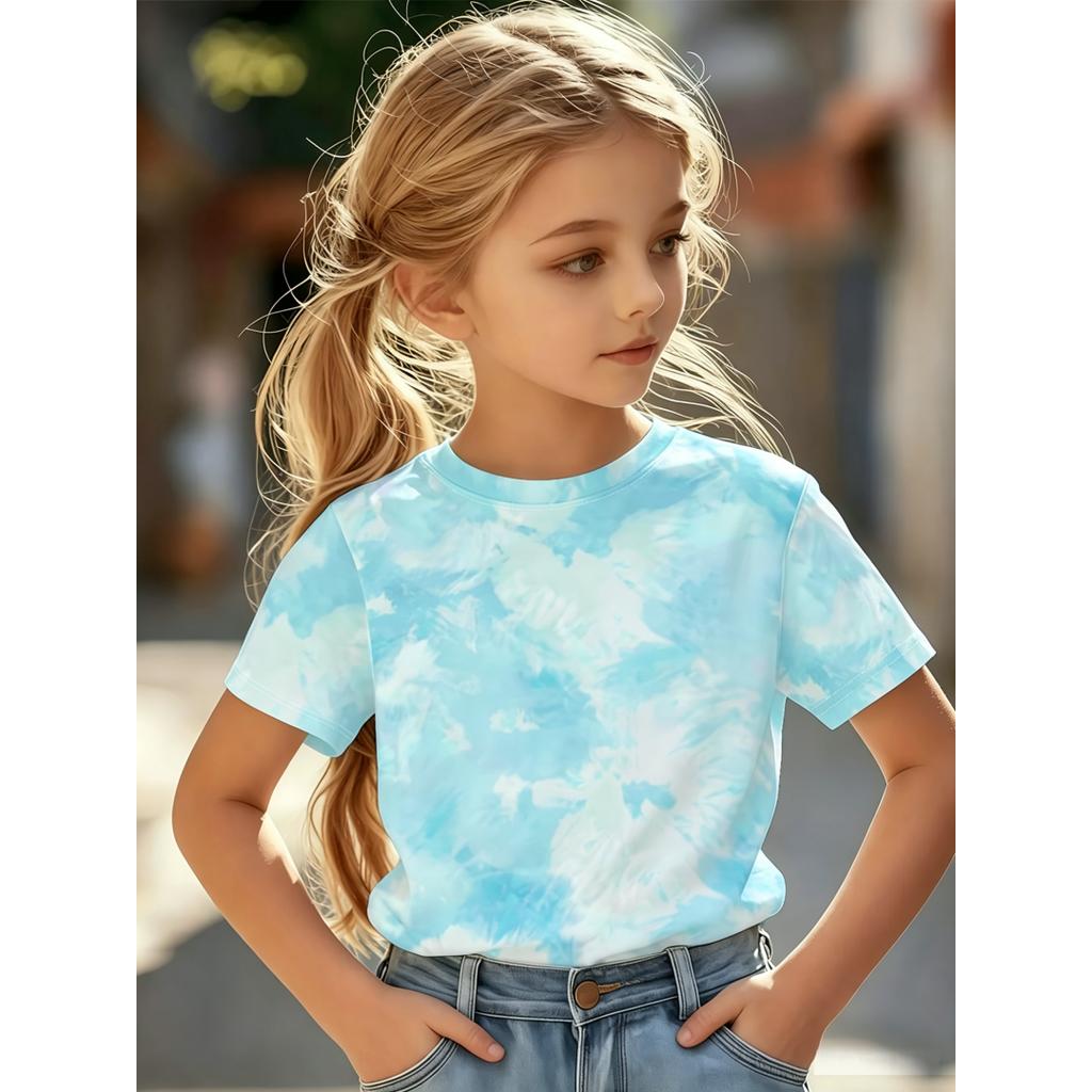 Girls Abstract Tie Dye Swirl Graphic Crew Neck Short Sleeve Tee Lightweight Breathable Outdoor Travel Daily Casual Summer Top