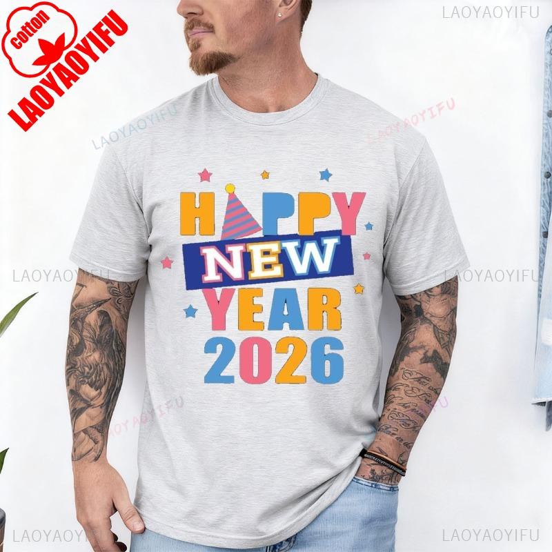 Happy New Year Colorful 2026 with Stars Adult TShirt Crew Neck Short Sleeve Cotton Top All Seasons Casual Fashion Comfortable