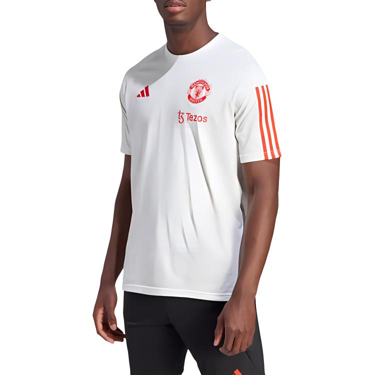 Adidas Manchester United Tiro 23 Training T-Shirt Round Neck Three Stripes Logo Print Comfortable Short Sleeve Football Shirt Men Tops White IA8488