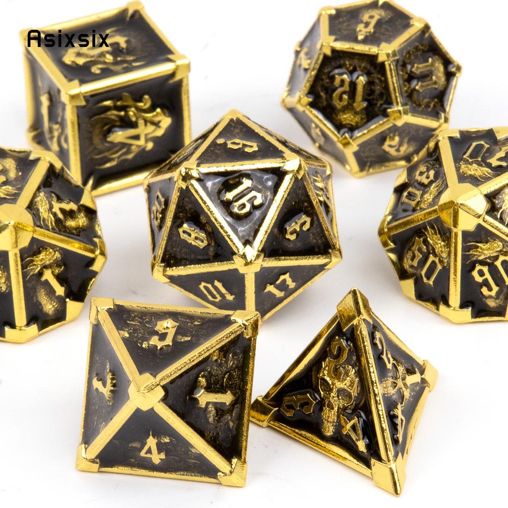 7 Pcs Black Golden Skull Metal Dice Solid Metal Polyhedral Dice Set Suitable for Role-Playing RPG Board Game Card Game