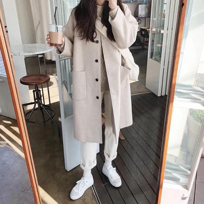Women's Spring Fall Woolen Coats Solid Color Long Warm Jacket Office Ladies Trendy Elegant Casual Slim Windbreaker Streetwear