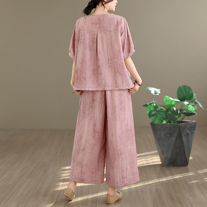 2026 Summer Retro Ethnic Cotton Linen Short Sleeve Top + Wide Leg Pants Set