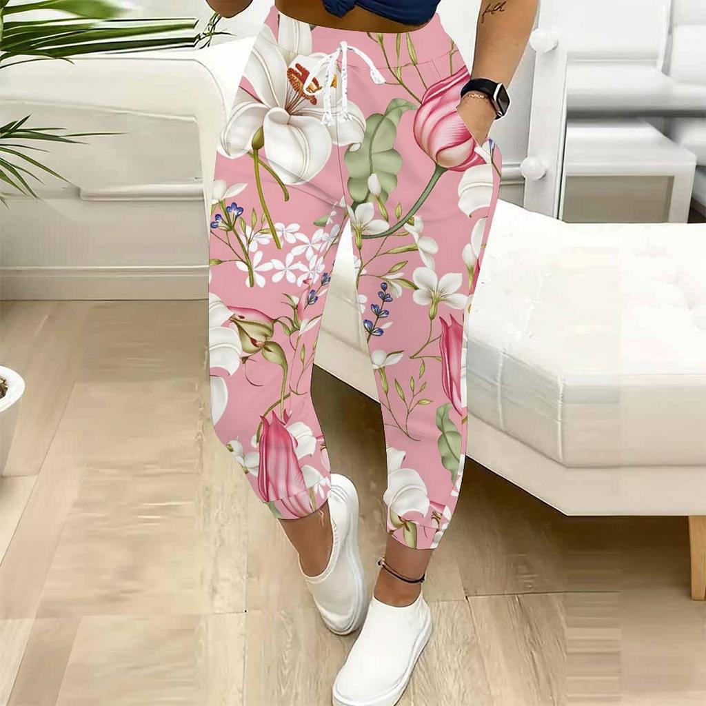 Summer Ladies Splicing Floral Prints Printed Sweatpants Loose Fit Drawstring Joggers Elastic Cuff Daily Casual Pants