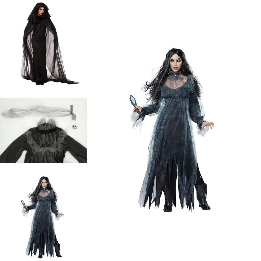 Witch Long Costume For Women Halloween Cosplay Party Cape Gloves Skirt Polyester Fabric