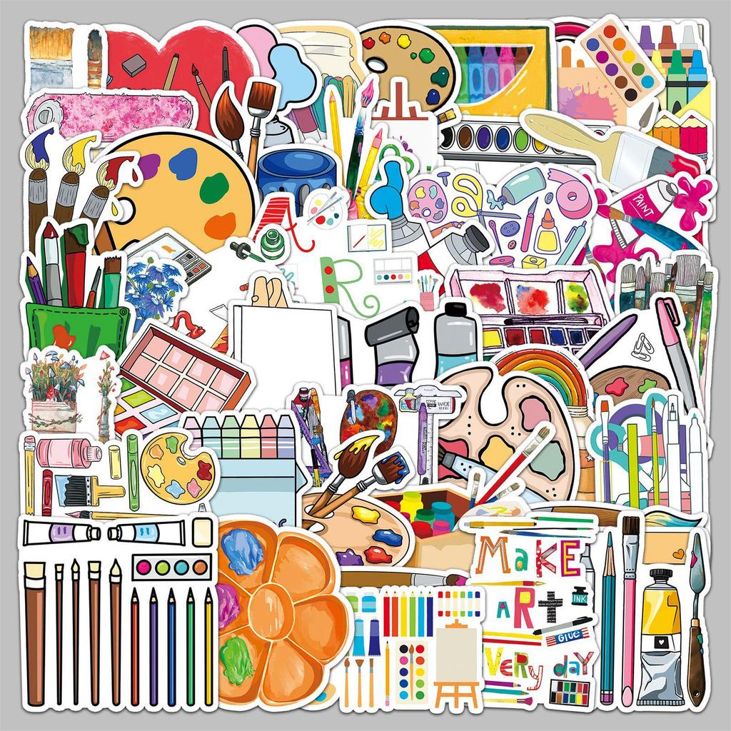 50 Cartoon Drawing Tool Stickers for Journals - Creative, Waterproof, Decorative Stationery