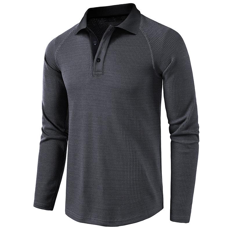 Mens Long Sleeve Turn Down Collar Waffle Polo Shirt Casual Daily Mens Top
