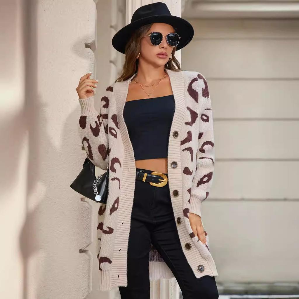 2024 Herbst Winter Gestrickte Leopardenpullover Damen Koreanisch V-Ausschnitt Dick Print Strickjacke Mantel Locker Knopf Oberbekleidung Tops