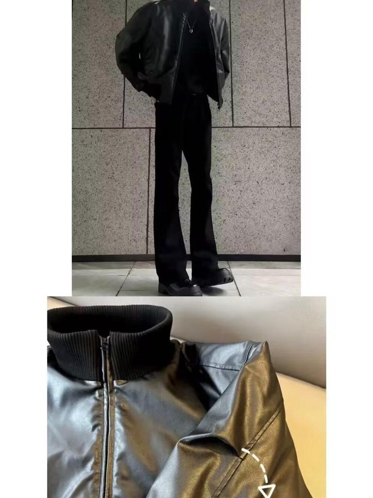 American Style Men's Casual Baseball Jacket - PU Leather, Thick Cotton Padded