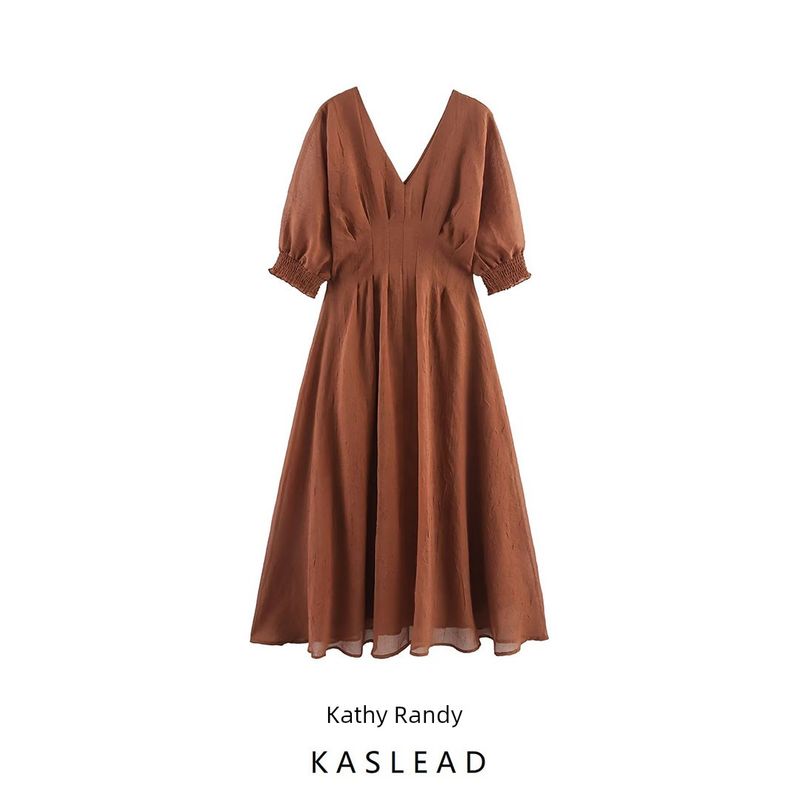Kaslead New Women clothes Western Style Fashion Simple Slimming Temperament V-neck Waist Hugging Dress