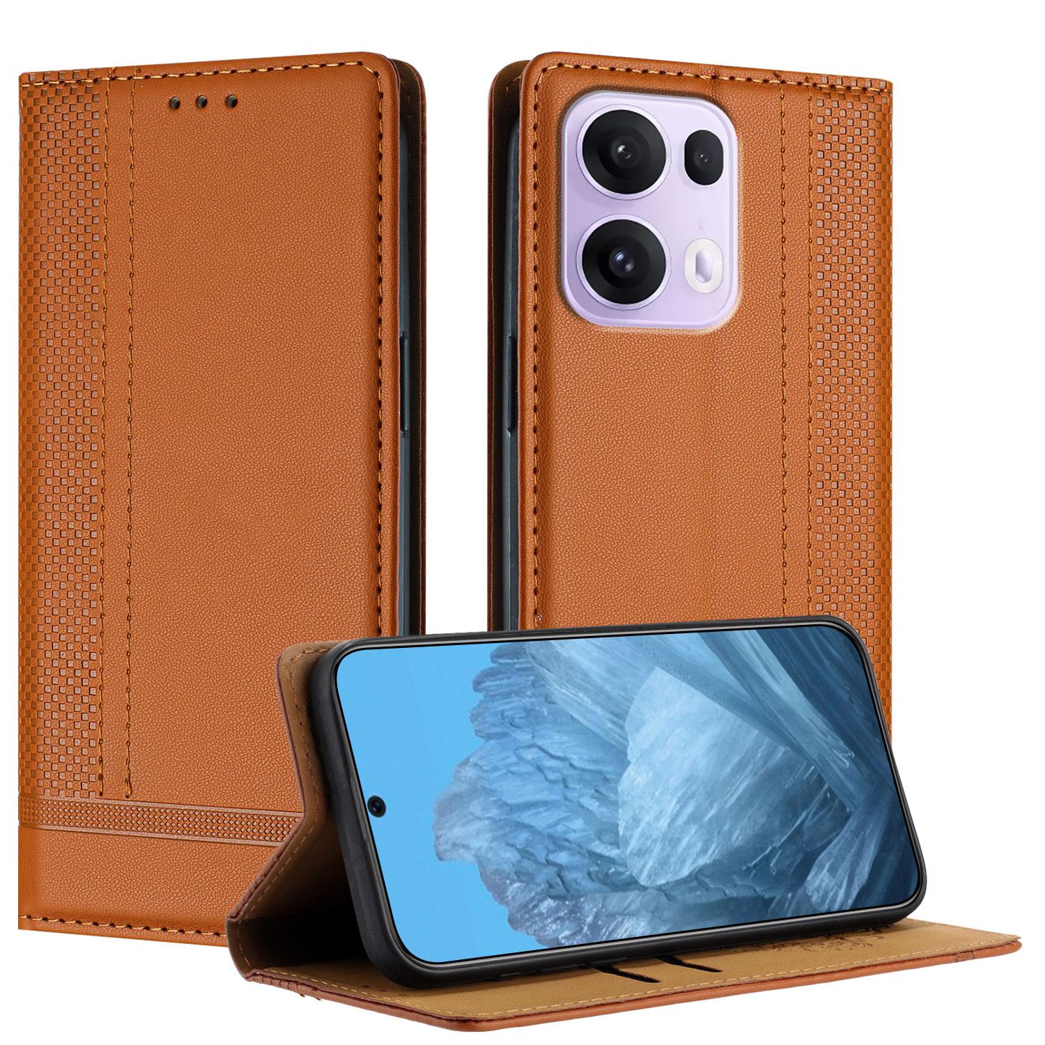 

For Oppo Reno13 Pro 5G Case L-Shaped Grid Pattern Leather Stand Phone Cover with Card Slots Brown