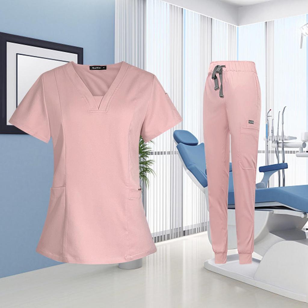 Female Scrub Set, V Neckline Machine Washable Beauty Parlour Comfortable with Multi Pockets Nurse