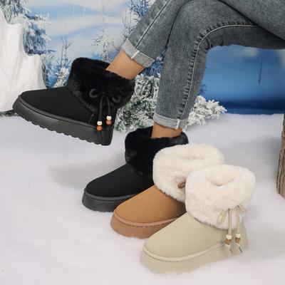 Women's Furry Snow Boots with Bow & Beads, Plush Lined Winter Booties, Outdoor Ankle Boots In Stock