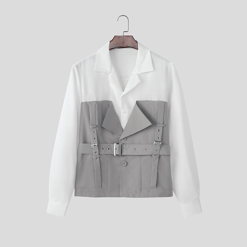 INCERUN Men Lapel Neck Patchwork Hit Color Long Sleeve Casual Shirts Tops