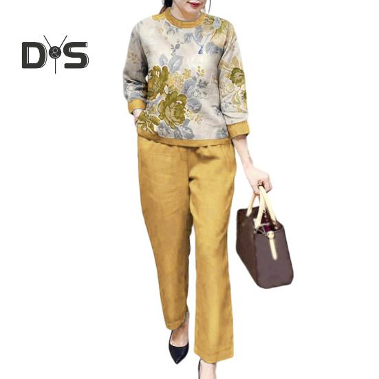 

2 шт./комплект женский футболка брюки комплект цветочный принт рукава три четверти круглый вырез свободные карманы широкие штанины осень весна топ брюки костюм женская одежда L жёлтый