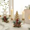 Gold Metal Double Candle Stand for Christmas Celebration Pinecones Berries Iron Candlestick Centerpieces Candle Holders