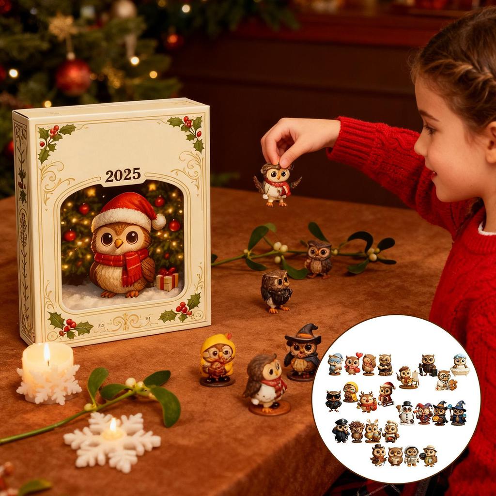2025 Weihnachts-Countdown-Kalender 2D Flaches Acryl Ornament mit Tiermotiv 24 Tage Eulen-Ornament Countdown-Kalender für Männer Frauen