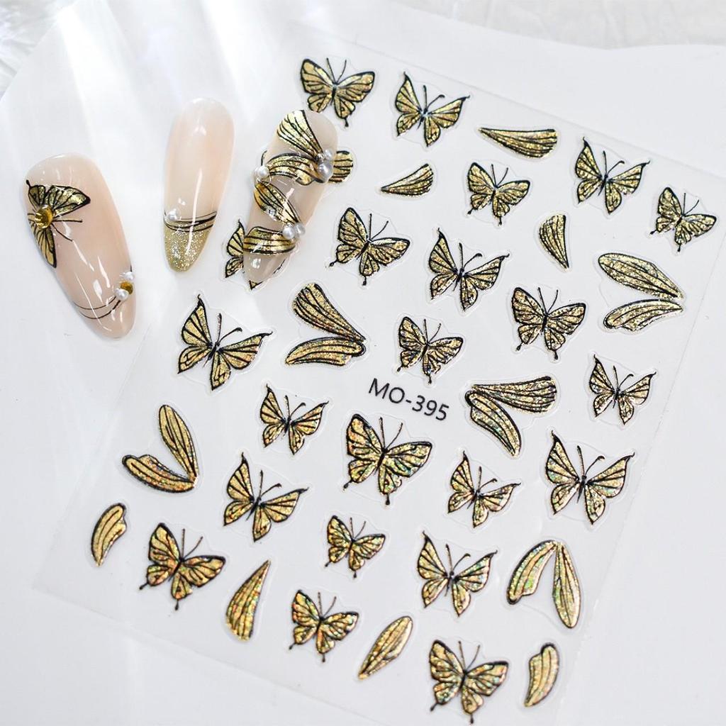 Xiaohongshu Best-Selling Butterfly Nail Stickers: Gold & Silver Cat Eye Quicksand Design.
