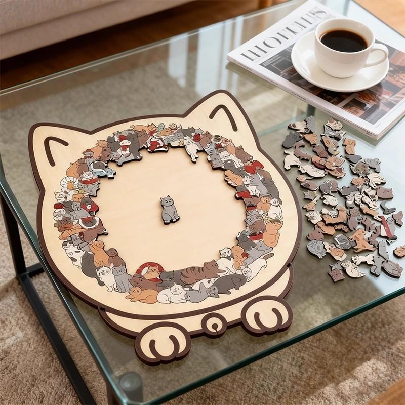 Cat Wooden Jigsaw Puzzle Irregular Shape Decompression Toy Unique Animal Puzzle with Frame Home Decor Gift for Adults Kids