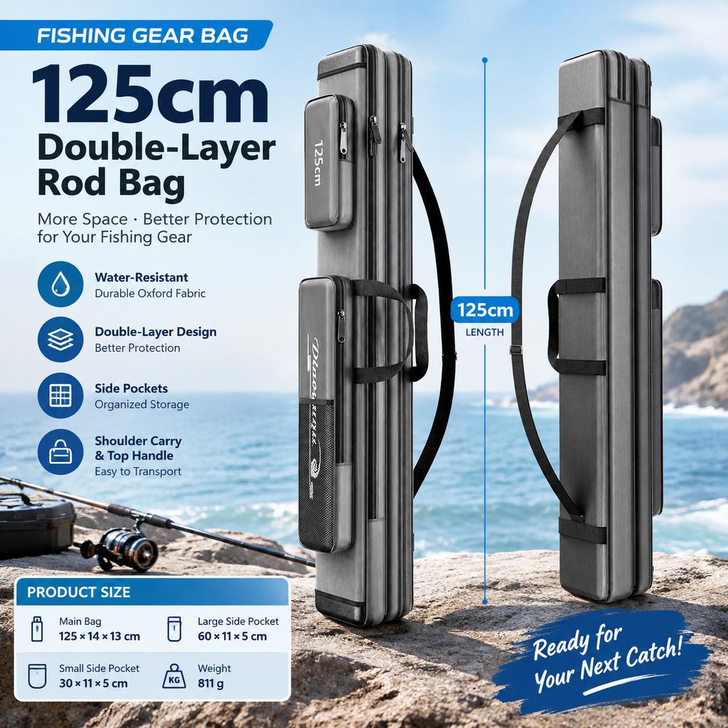 Sea Fishing Rod Bag Double-Layer Rectangular Oxford Fishing Tackle Storage Bag with Shoulder Strap