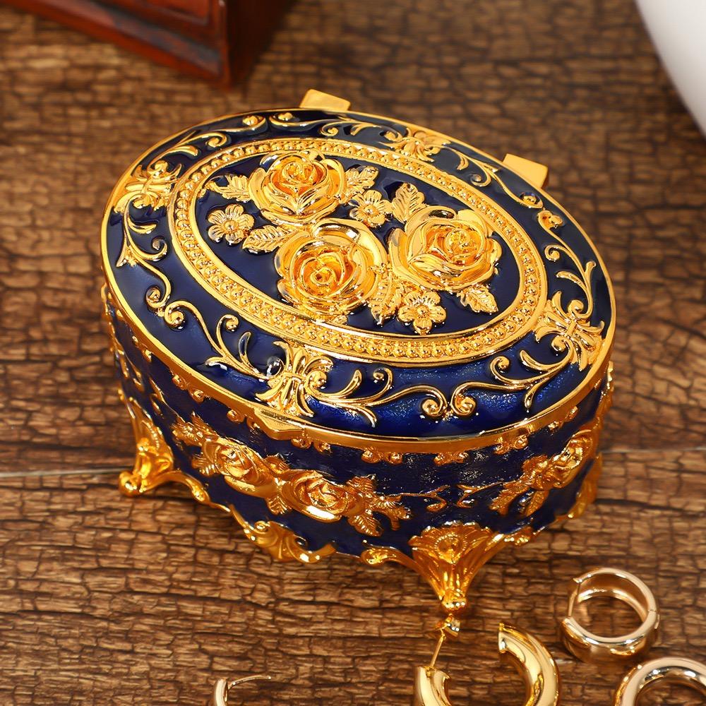 Mini Jewelry Storage Box Portable Oval Organizer European Style Necklace Case Alloy Storage Earrings Ring Dressing Table Display