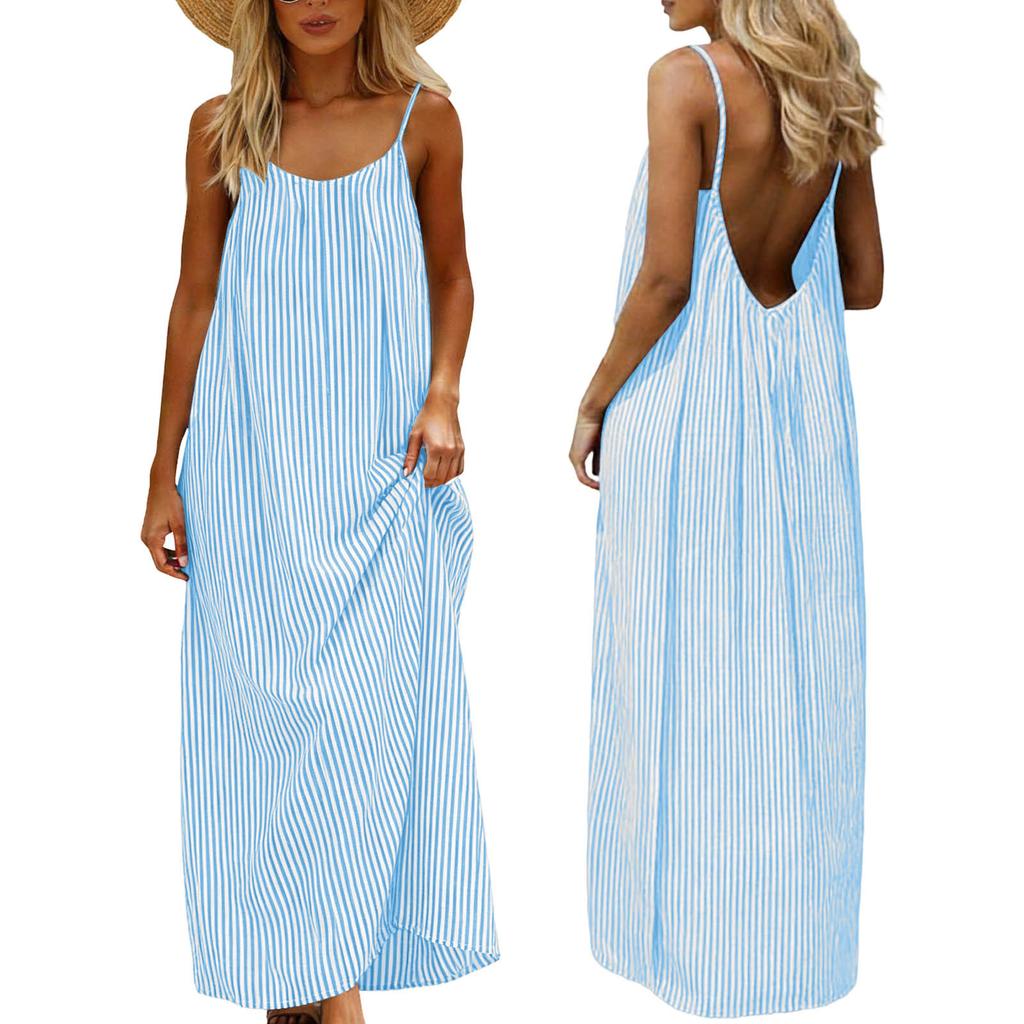 Women's Summer Cotton Linen-like Striped Maxi Dress Sleeveless Spaghetti Strap Backless Loose Casual Beach Sundress for Vacation Daily Wear