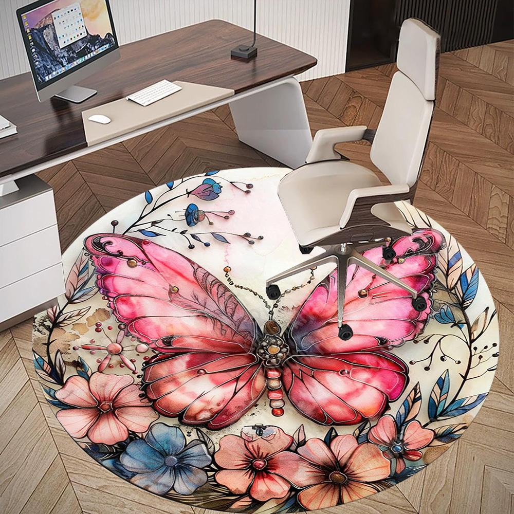 1PC Butterfly Flowers Office Round Area Rug, Under Office Chairs Bedroom Living Room Home Decor, Carpet for Office -1110013
