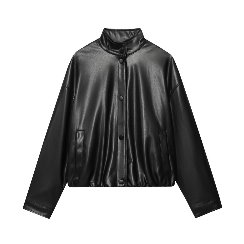 European and American style, new women's clothing, fashionable turtleneck imitation leather bomber jacket 6318/250