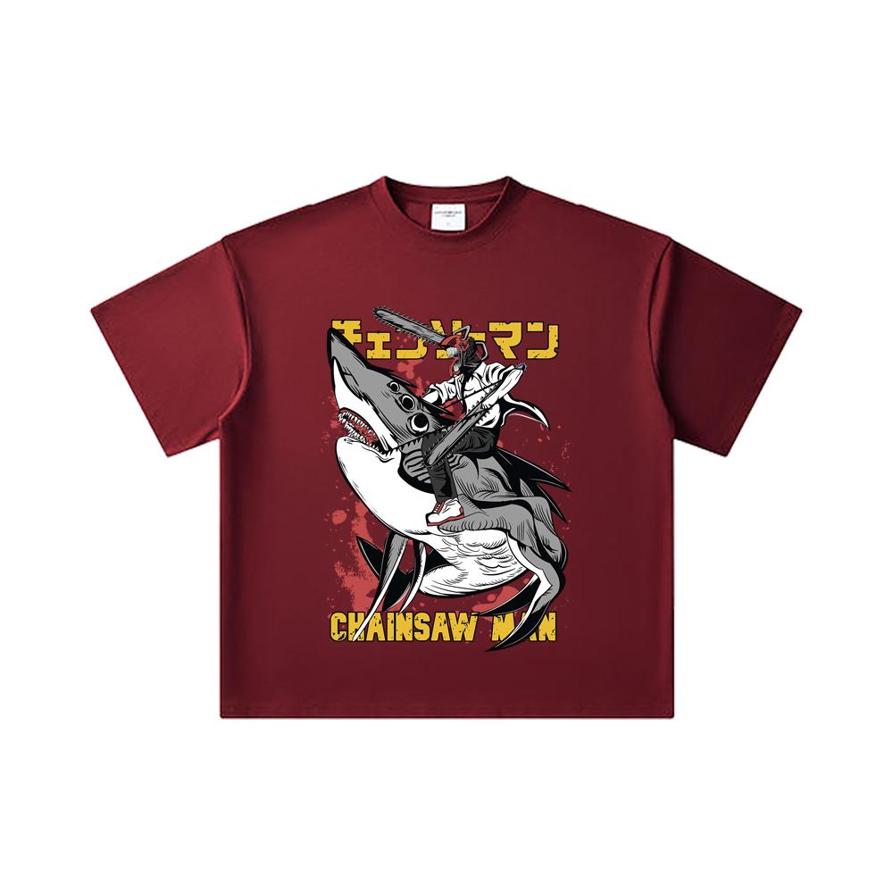 

260 GSM Double Yarn 32 Count 100% Cotton Chainsaw Man V43 Denji Print Unisex Heavy Cotton T Shirt 2XL вина червоного кольору