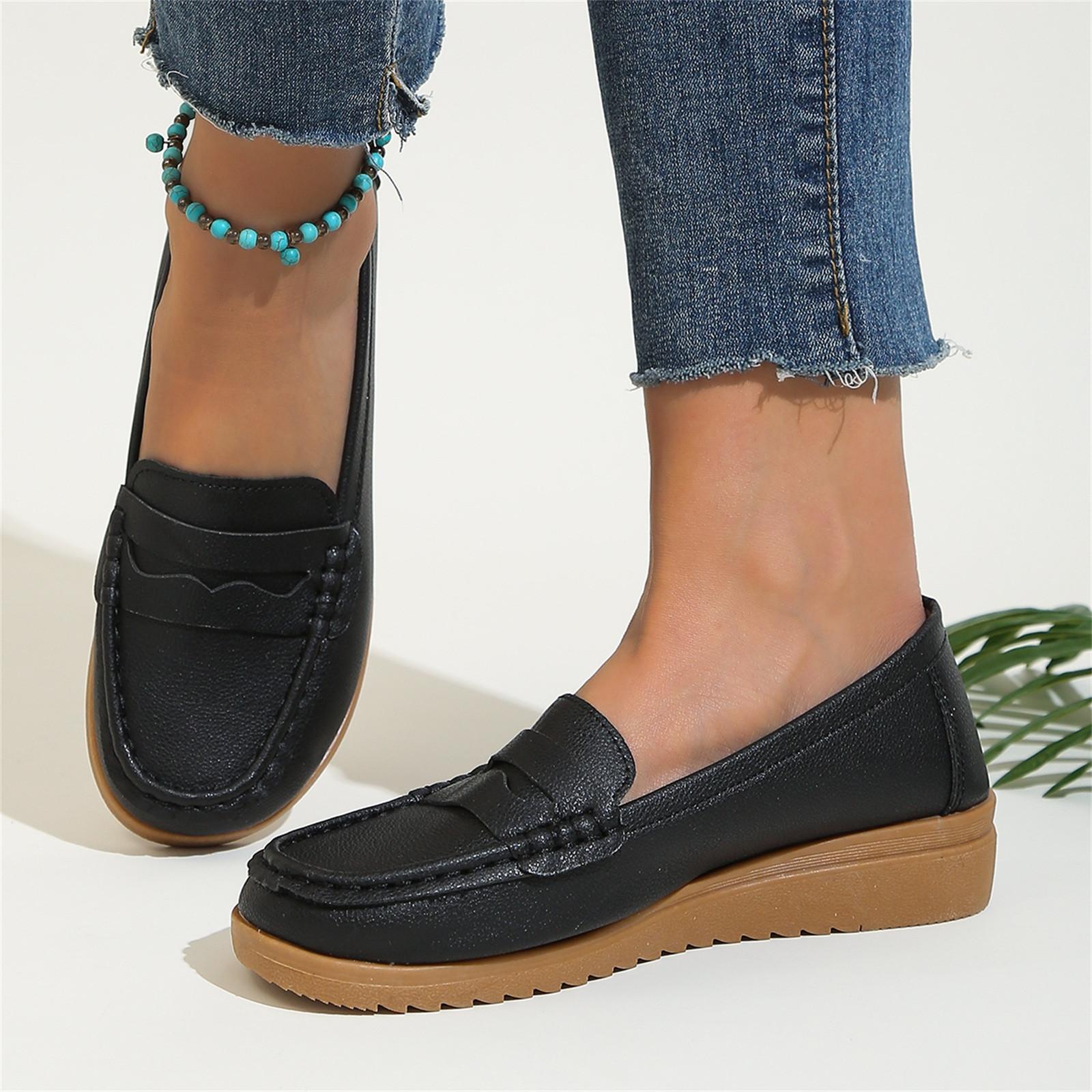 Женская Мода Однотонная Дышащая Кожаная Плоская Повседневная Обувь на Шнурках Повседневная Обувь на Каблуке для Женщин 42 чёрный 2880₽