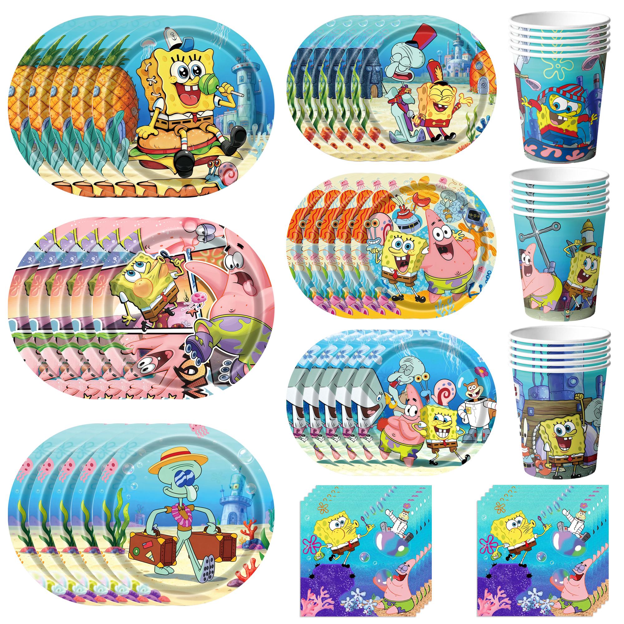 120 Pcs SpongeBob Party Decorations Tableware Set - SpongeBob Plates Napkins Cups Tablecloth for SpongeBob Birthday Party Supplies