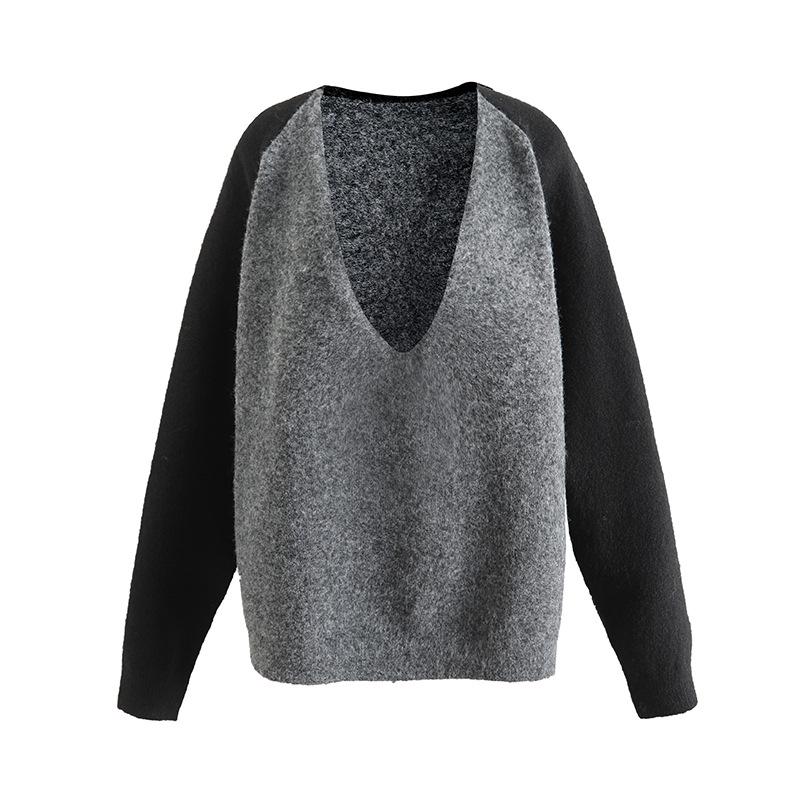 

Серый мохеровый свитер с V-образным вырезом в стиле колор-блок, приталенный свободный крой, трикотаж из смесовой шерсти, стиль со спущенным плечом. Small