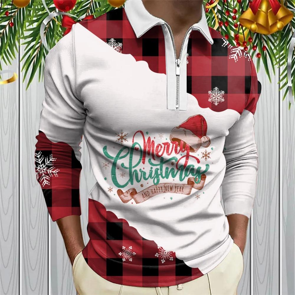 Father Christmas cartoon pattern digital 3D printing polo shirt large size loose men's zip lapel shirt