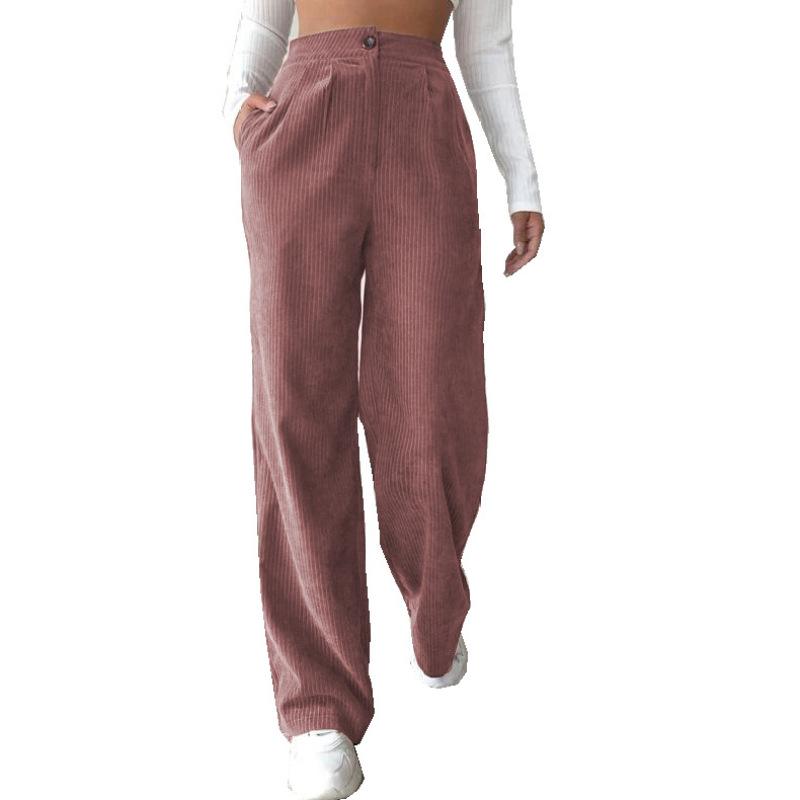 Spring 2026 New Women's High-waisted Casual Pants Solid Color Corduroy Loose Straight Trousers Women