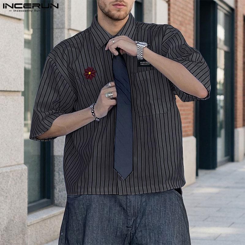 INCERUN חולצות קז'ואל קיציות לגברים עם צווארון דש, שרוול קצר, רקמה, פסים פרחוניים