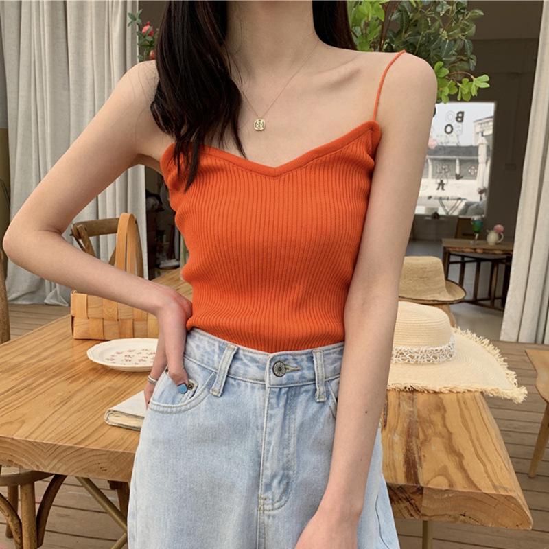 Korean Style Slim Fit Vertical Stripe Knit Vest - Women's Summer Solid Color Thin Strap Base Layer