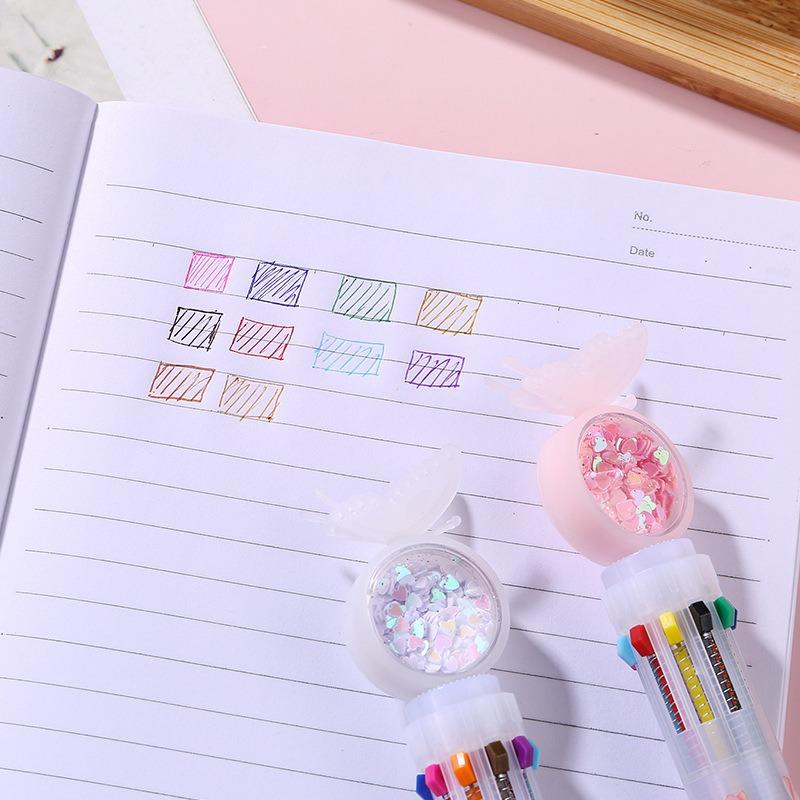 1Pc Colors Korean Ins Cute Butterfly Ballpoint Pen Student Stationery Sequins Rollerball Pen Multi-functional Office Pen Gift Back To School Season