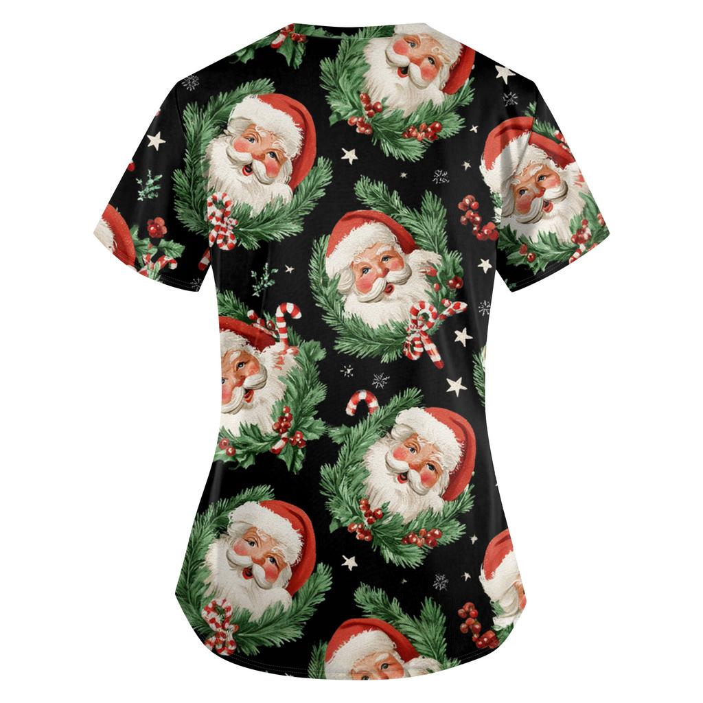 Plus SizePrinted Scrub Working Uniform Tops For Women's Cross V-Neck Print Short Sleeve Fun T-Shirts Workwear Tee With Pockets