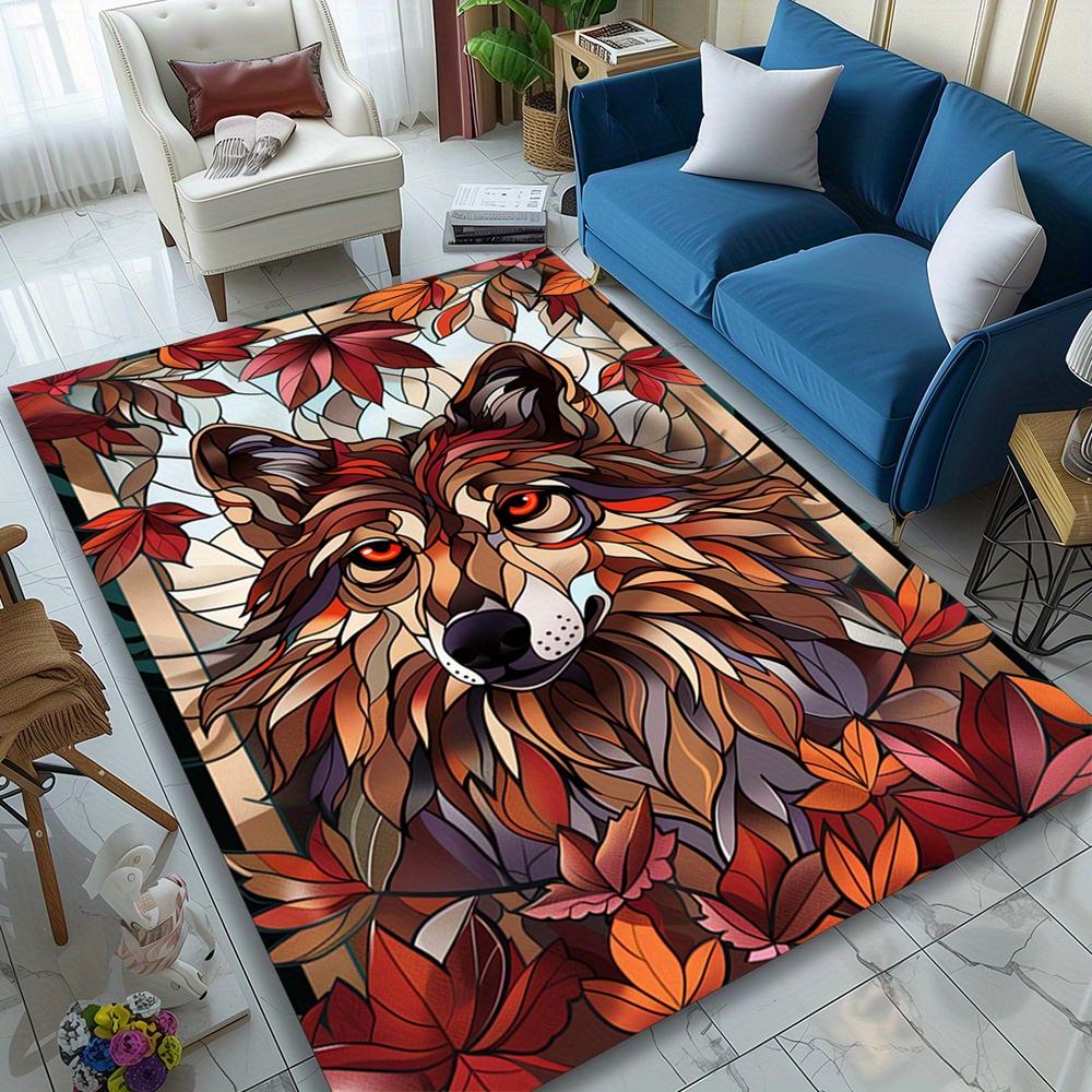 Wolf and Autumn Leaves Design Area Rug - Polyester Crystal Velvet Decorative Carpet for Bedroom, Living Room, and Home Decor