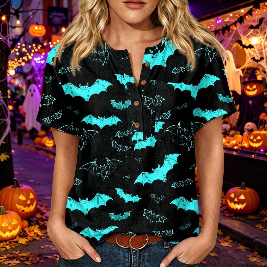 Womens Halloween Print V Neck Button Detail Short Sleeve Top Casual Loose Fit Three Quarter Sleeve T Shirt
