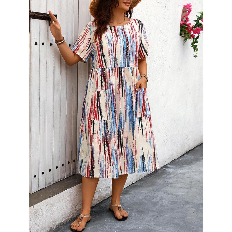 2024 Cross-border Foreign Trade New Women s Striped Printed Dress Spring/Summer Best-selling Loose Casual Pocket Long Dress XL хаки