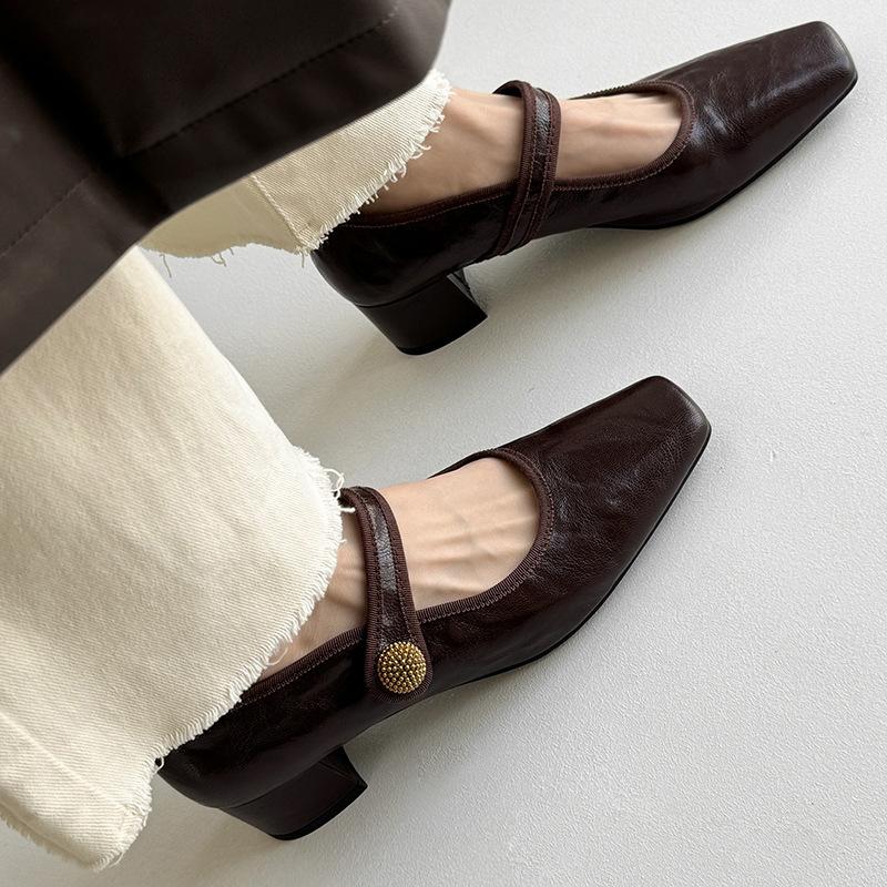 French Maillard square head Mary Jane shoes 2025 early spring new thick heel one-word buckle single boots retro women's shoes
